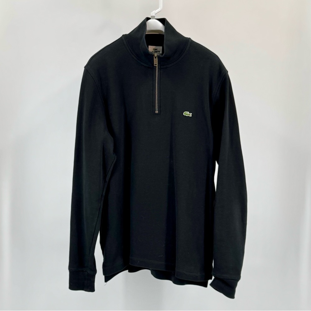 Lacoste Men's Black Cotton Quarter Zip Sweater with Pockets Longer Back Size 5